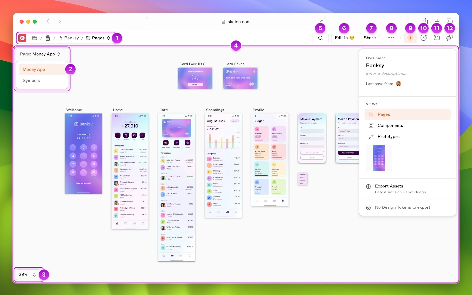 An annotated screenshot of the web app’s interface while viewing a document