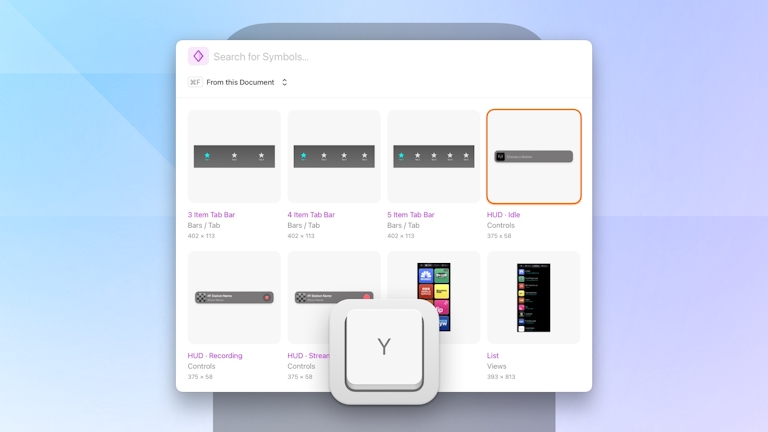 The Command Bar being opened by pressing the Y key. A 4 by 2 grid of Symbols appears, and the user uses the arrow keys to select the bottom right Symbol (a list of stations for an internet radio app). They press return, and the Symbol appears on the canvas. They then use the mouse to position the Symbol inside the frame of an iPhone.