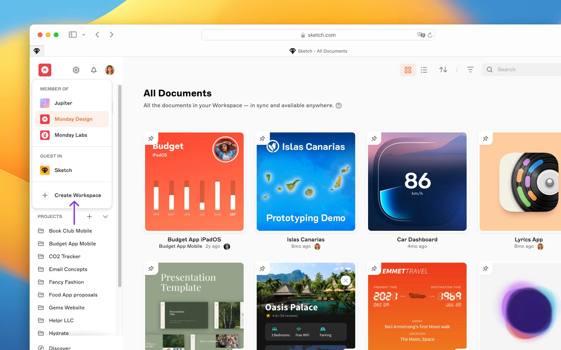 In image showing how to create a new Workspace with an existing Sketch account