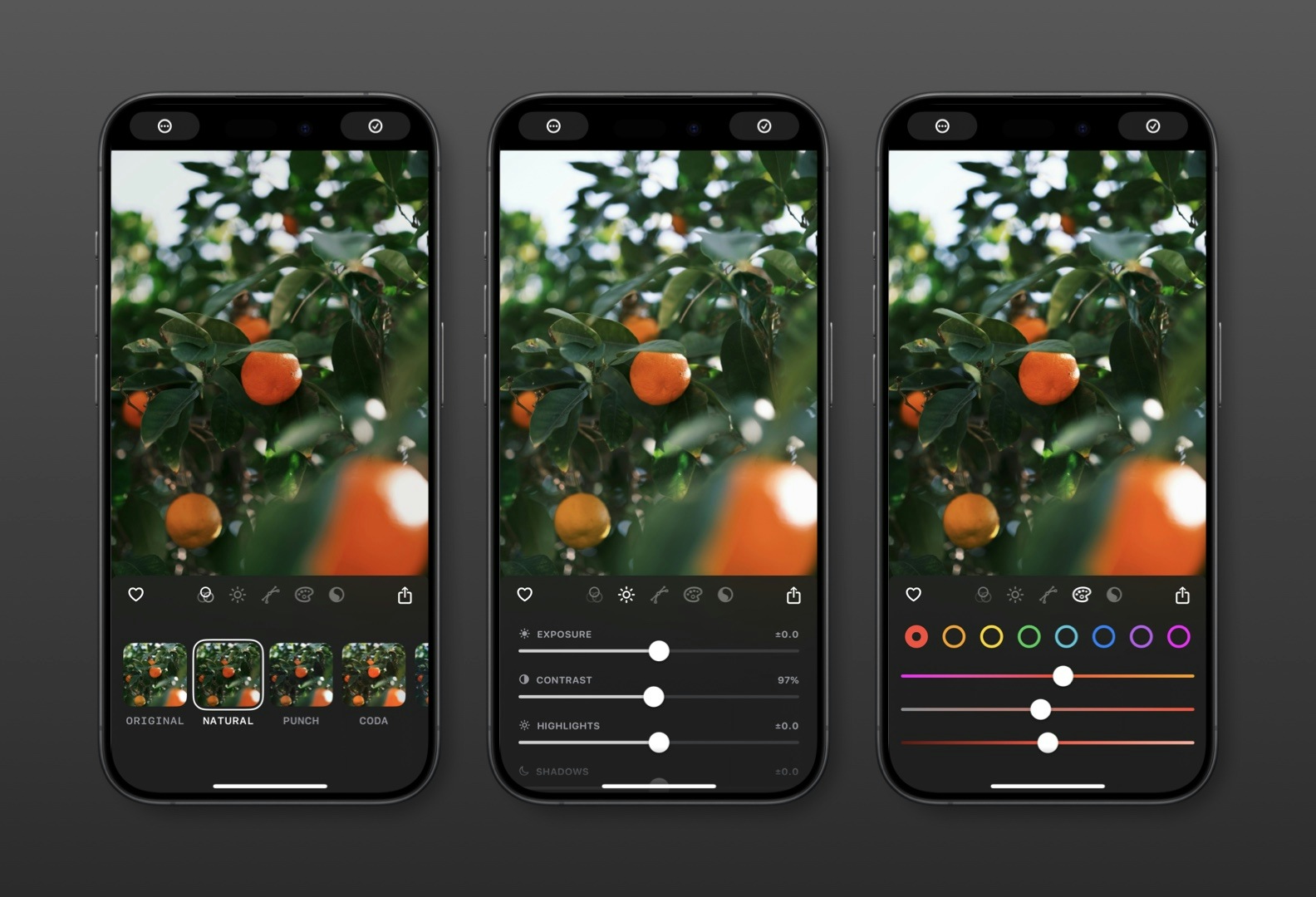 Three iPhones showing Obscura Studio’s editing interface on a photo of oranges — including filter previews, sliders for exposure and contrast, and color adjustments.