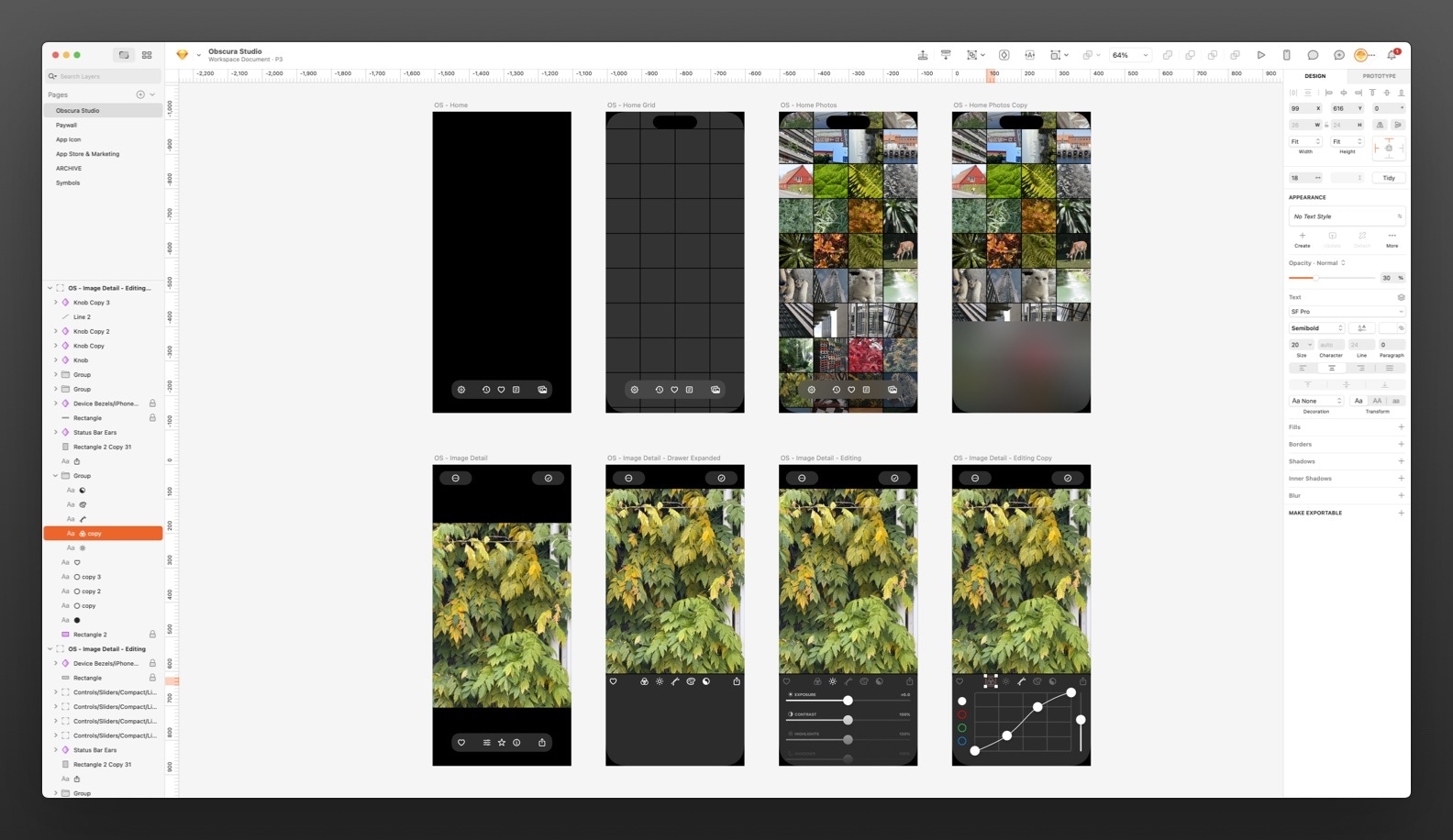 A Sketch file showing the layout of Obscura Studio’s photo grid and gallery view on mobile, with UI elements and color thumbnails.