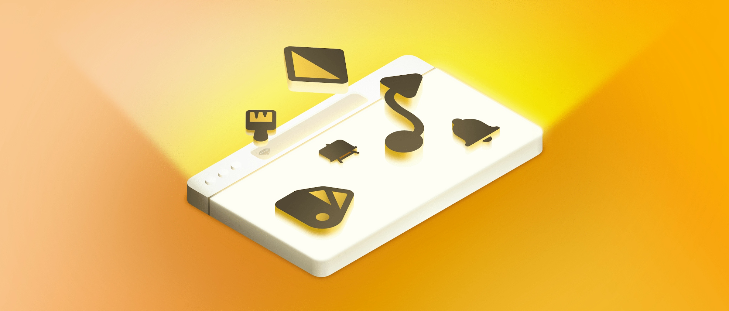 An isometric illustraion of a web browser window on a yellow background. The window has light emanating from it, and different Sketch icons flying out of it, including a Symbol icon, a bell and a swatch