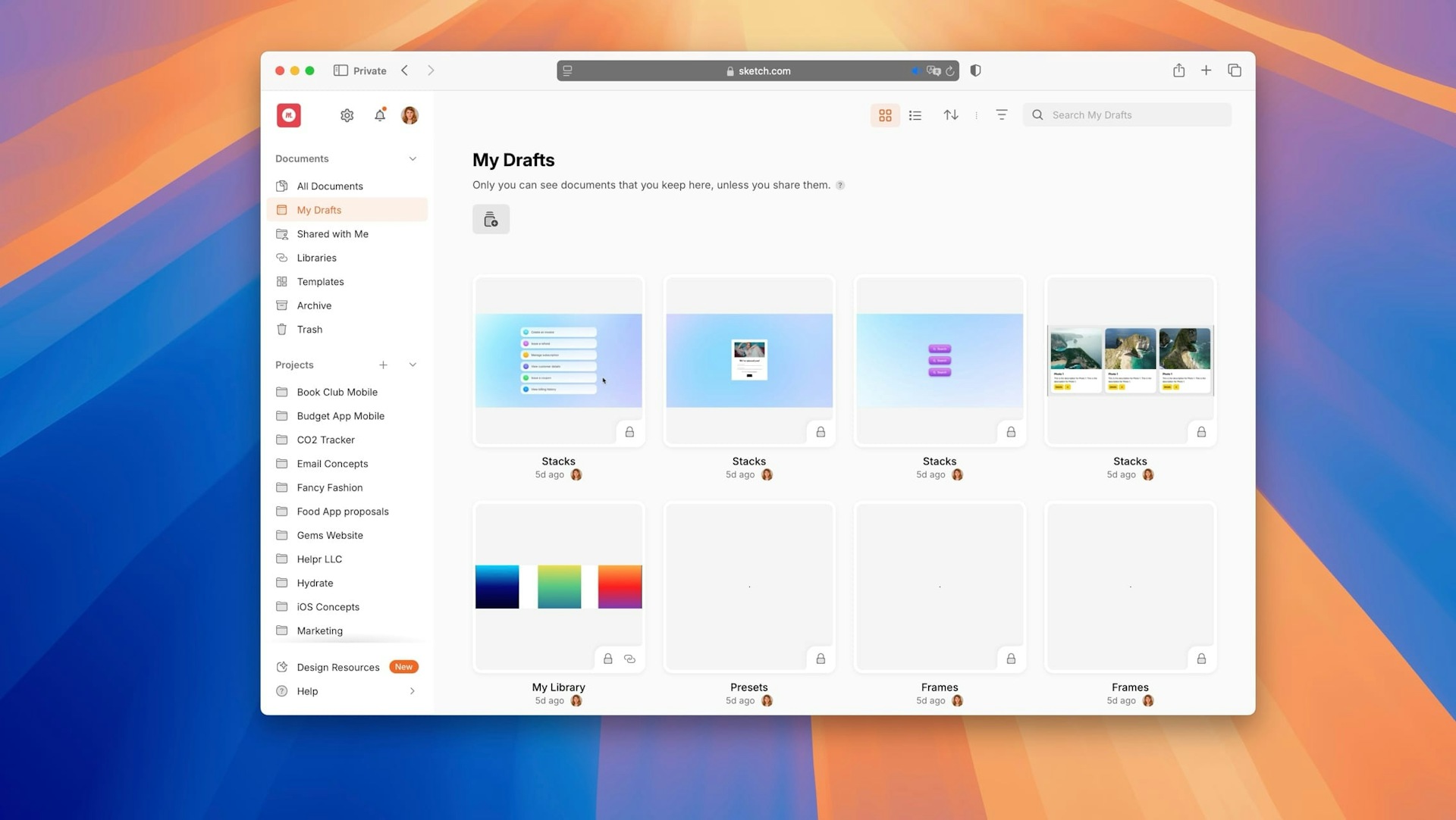 A Workspace homepage is showing the My Drafts section in the Sketch web app.