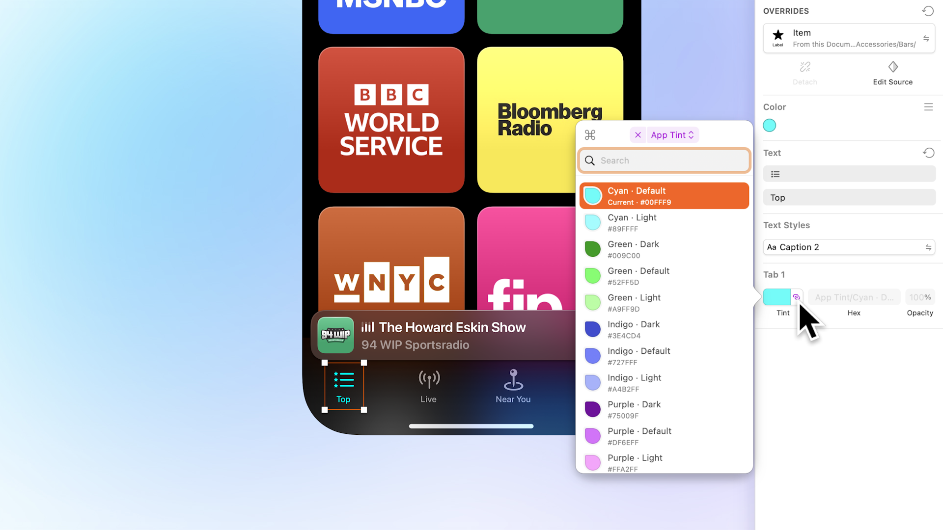 The Component replace popover open showing Color Variables. Each Color Variable is a row with a small preview to the left, and its name, hex code, and opacity vertically stacked to the right. The current Color Variable shows ‘current’ under its name.