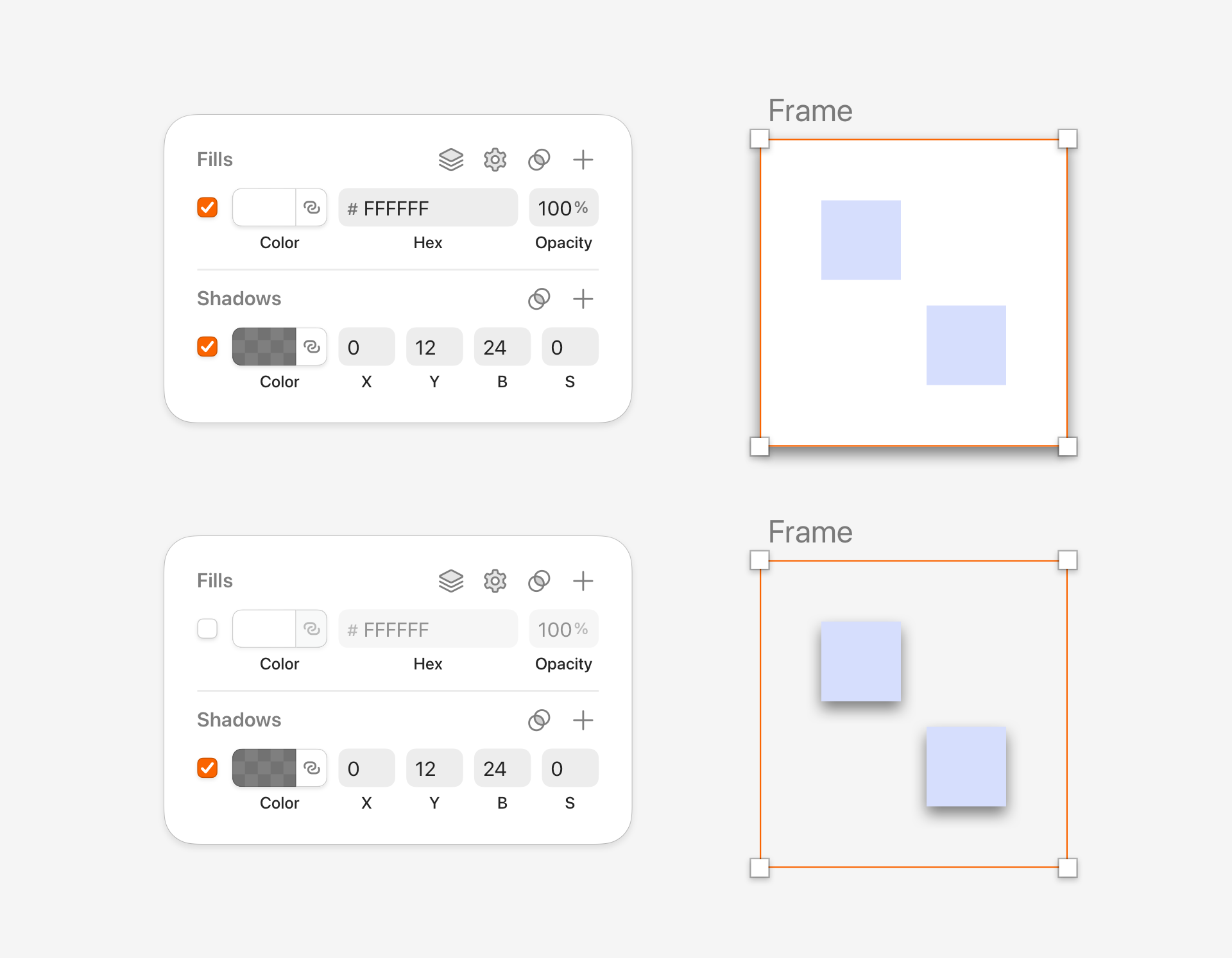 An image of two frames with different fill and shadow settings. The top has a white fill and shadow, the bottom has only a shadow, making it more visible behind the inner layers.