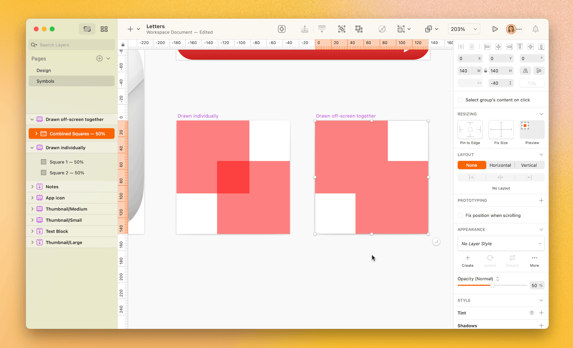 A screenshot showing two shapes on the Canvas of a Sketch file. The first has two squares intersecting, and each square is at 50% opacity — the area where the two squares intersect is darker. The second has a similar layout with the squares intersecting, but the image is handled as a single shape and color is uniform across the whole thing.