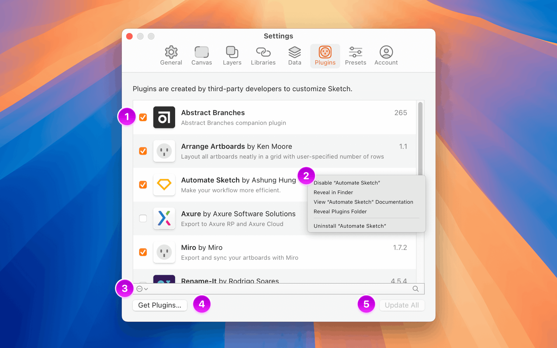 An annotated image showing the Plugins tab in Settings.