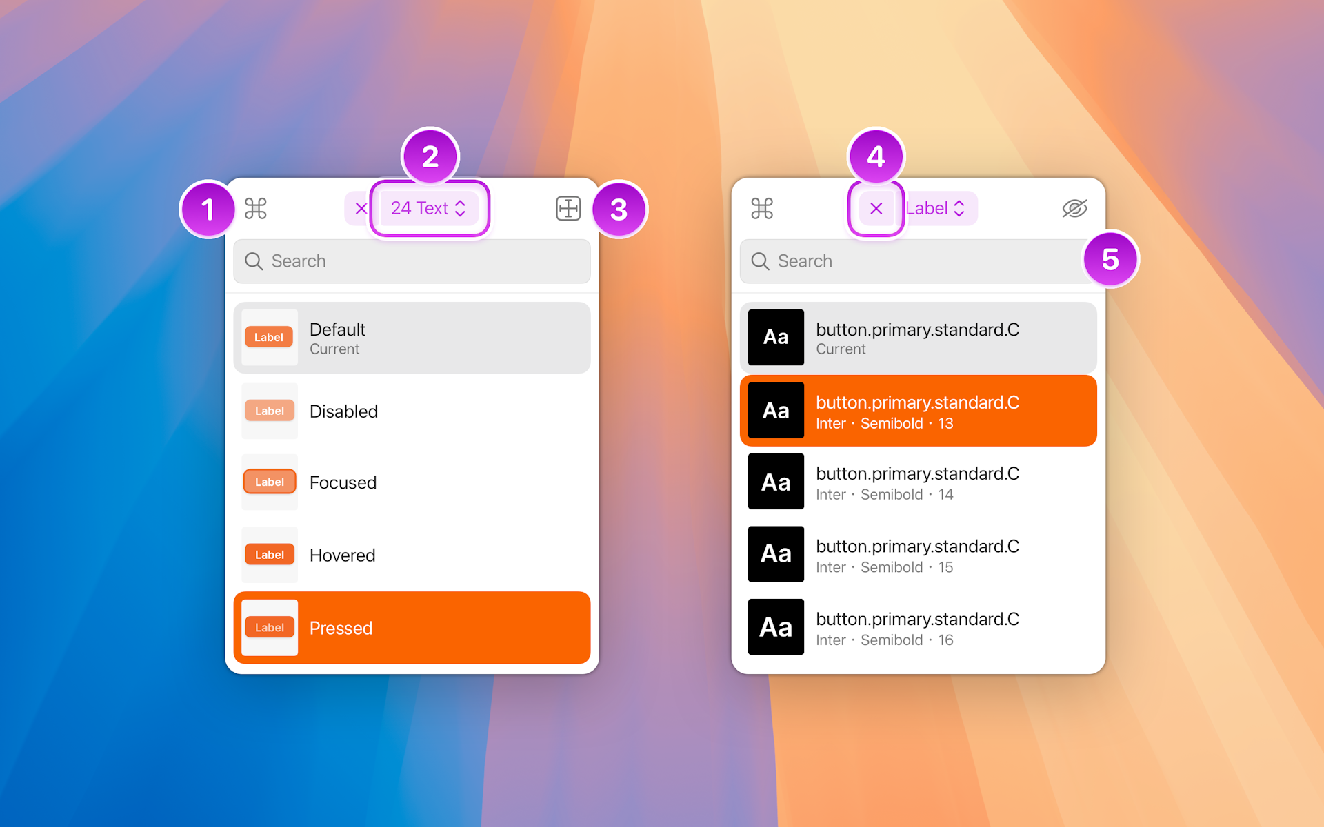 An annotated image showing the options in the popover.