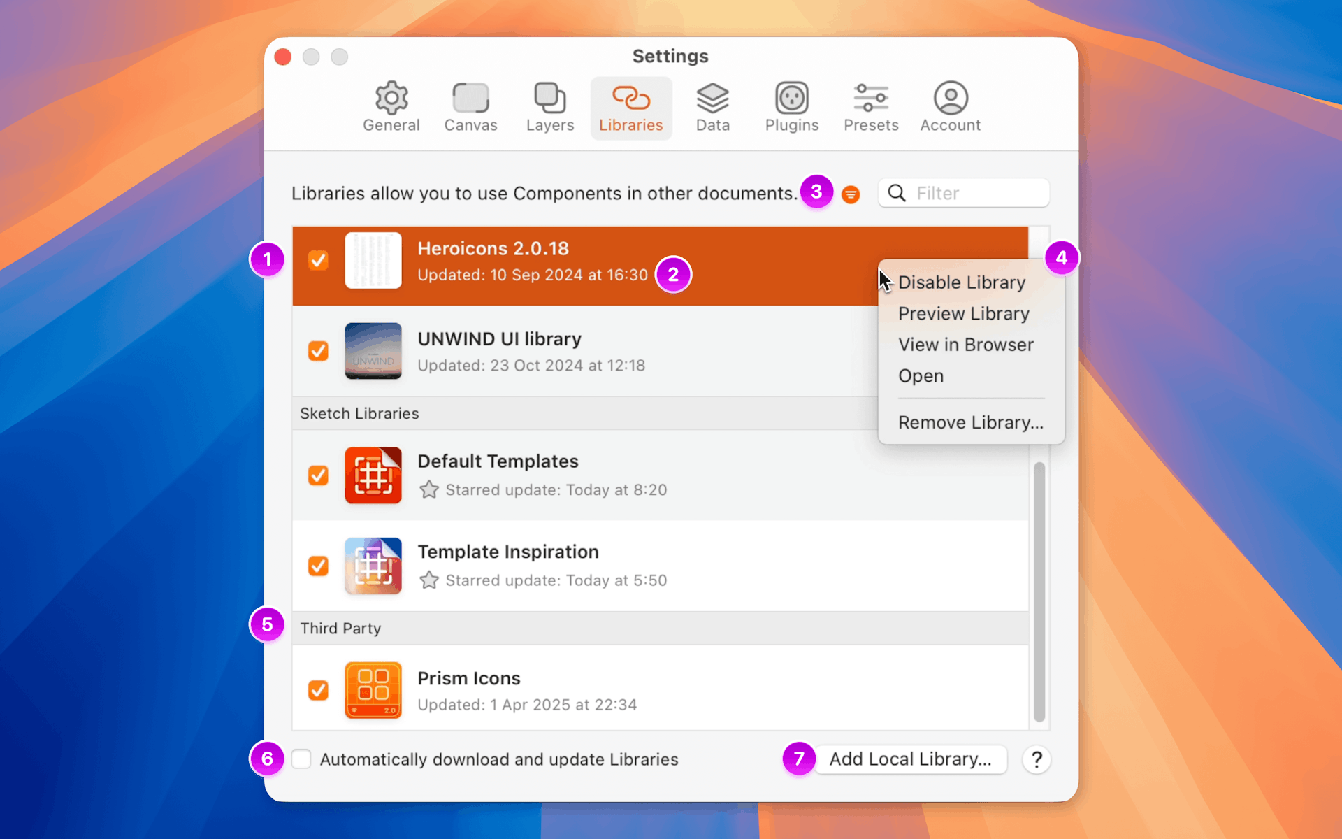 An annotated image showing the Libraries tab of the Settings window.