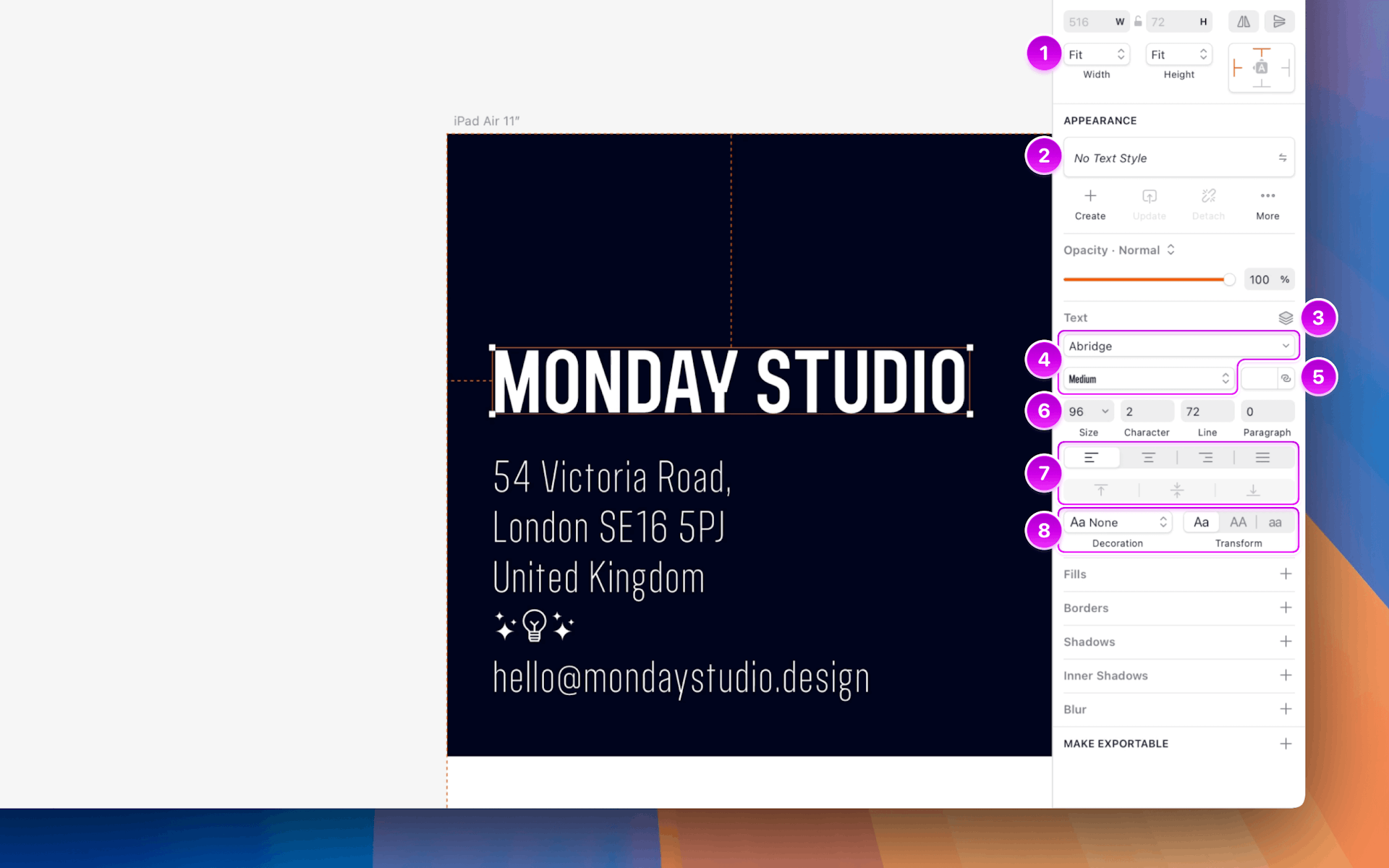 An annotated image showing text formatting options in the Inspector