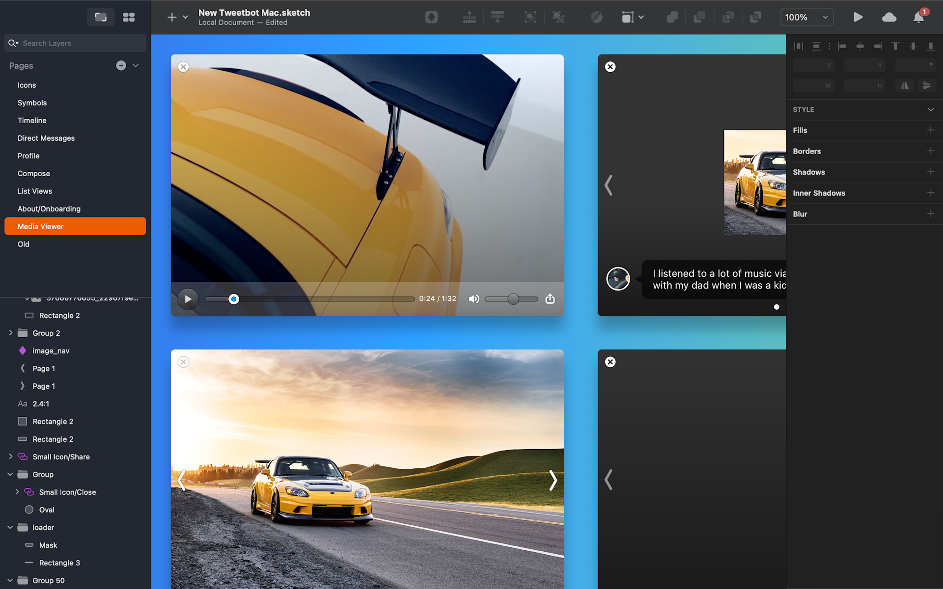 A screenshot of a Sketch document showing part of the Tweetbot UI — specifically the media player.